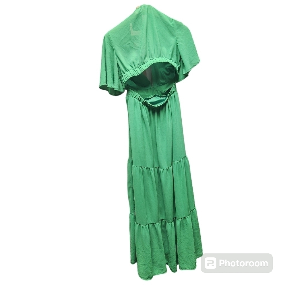 Lilly's Kloset Green Chiffon Temperament Low-cut Waist Dress Short Sleeve Sz. L - Picture 4 of 9